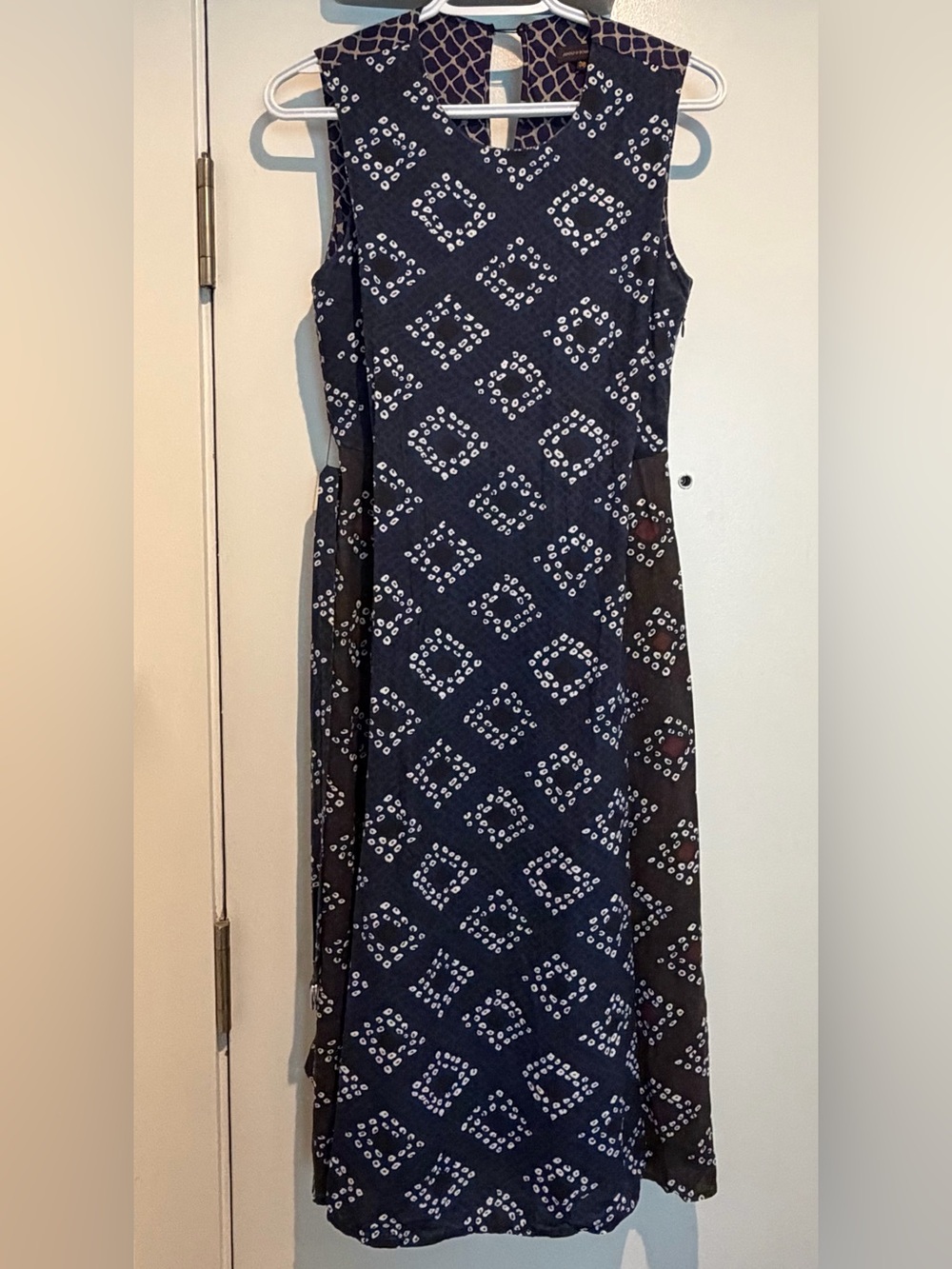 Adolfo Dominguez Spanish Navy Mixed Pattern Patchwork Summer Dress with Pleats